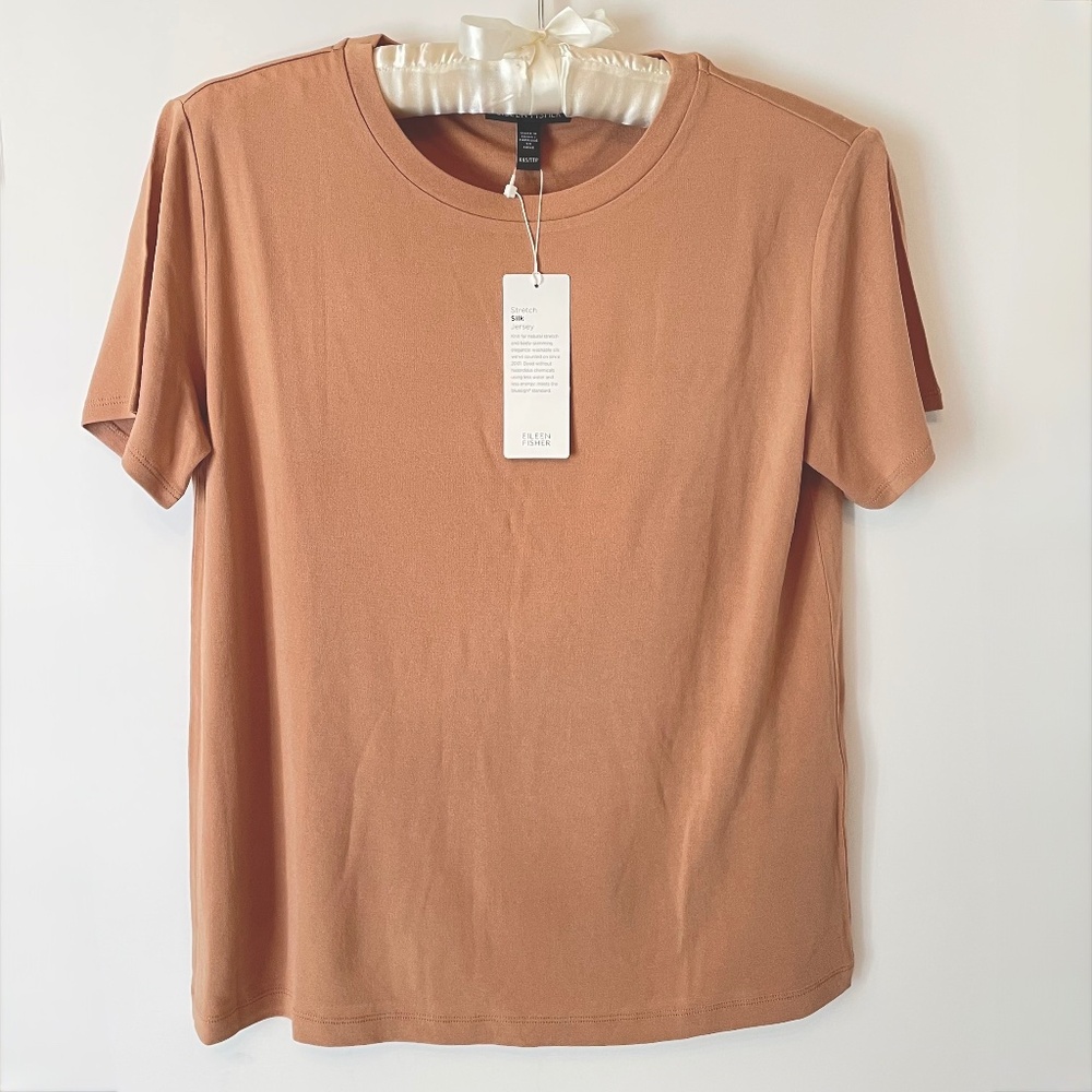 Eileen Fisher Stretch Silk Crew Neck Tee Amber Tan NWT XXS